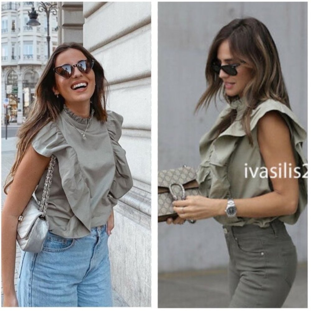 ZARA ruffled poplin blouse top blogger Khaki NWT